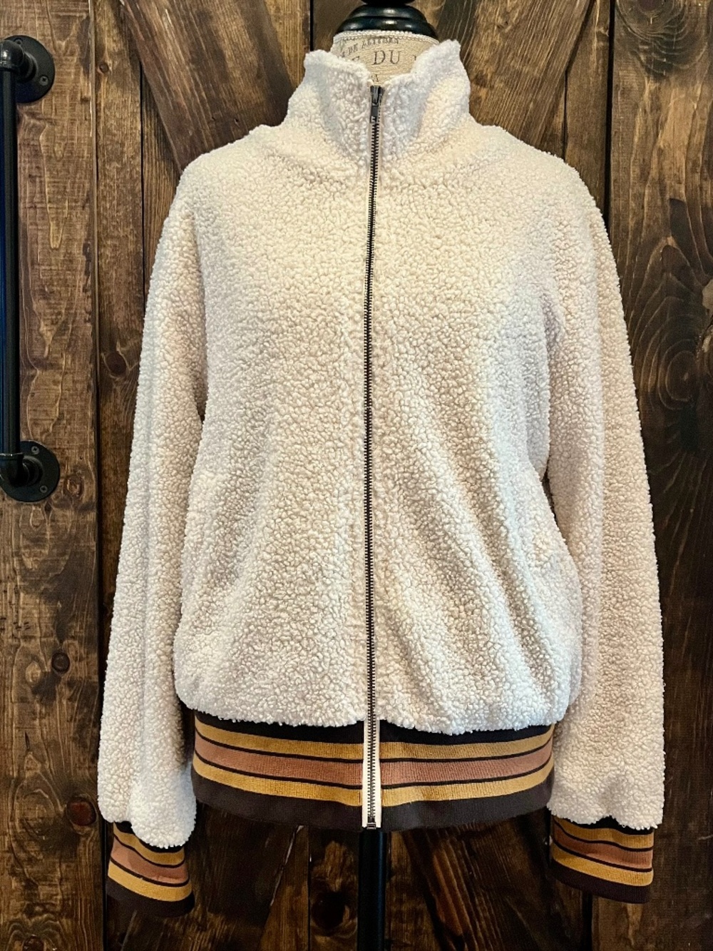 Mystree-Women's-Cream Sherpa Fleece Zip Up Jacket w/Brown Striped Banding-Size L